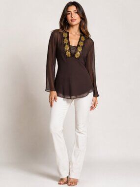 Harold’s 100% Silk Brown Gold Embroidered Tunic Blouse | Women's Size Small